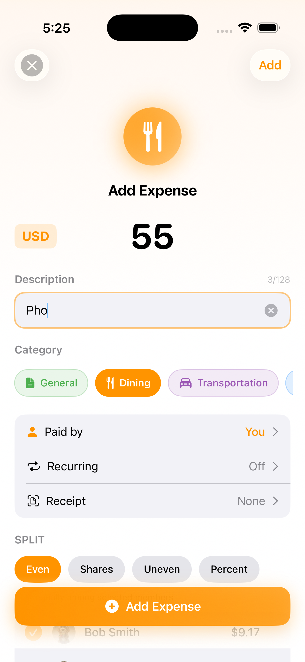 Add expense screen with amount, category, and split options