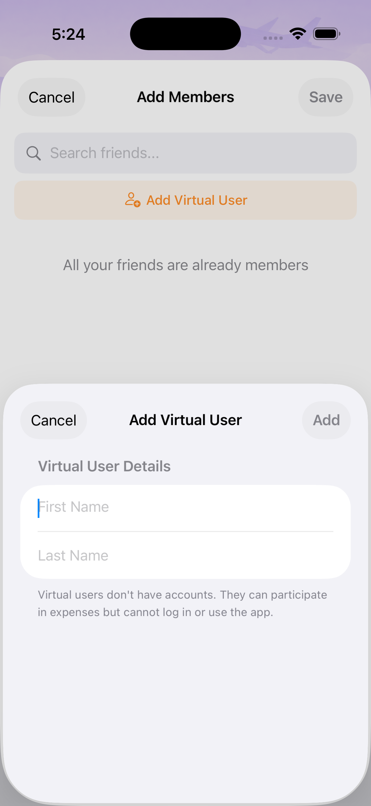 Adding a virtual user with name fields