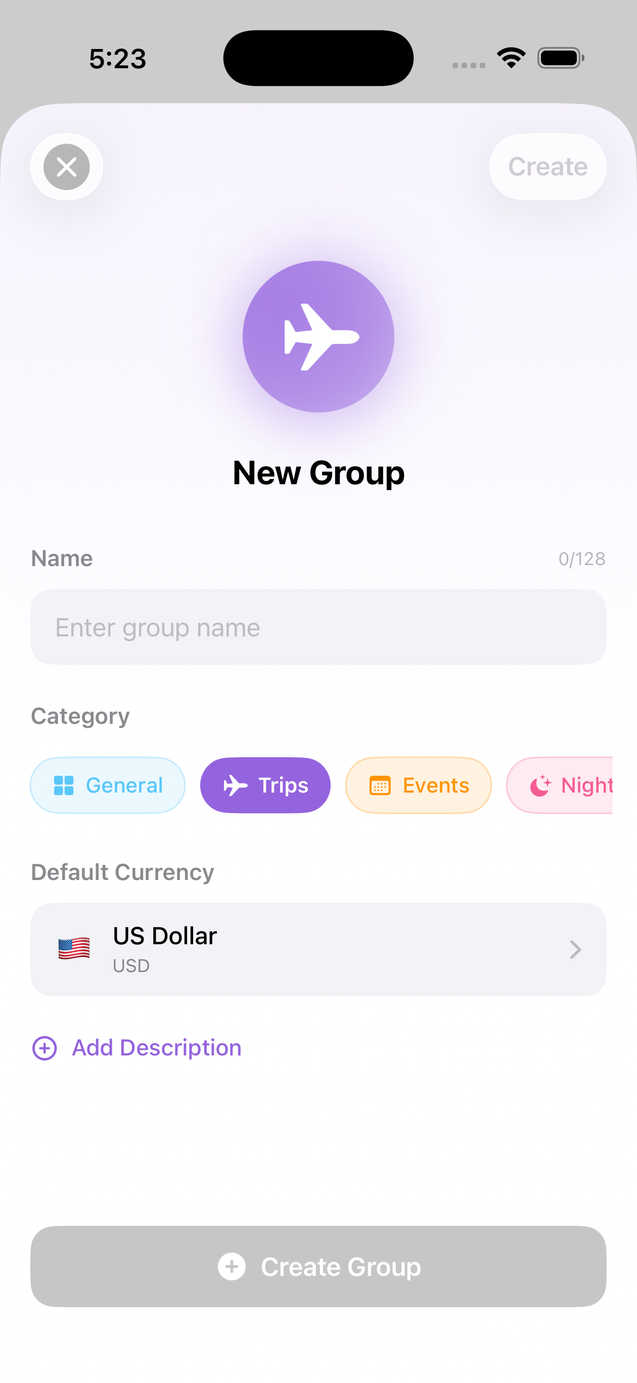 Group creation screen with name, category, and currency selection