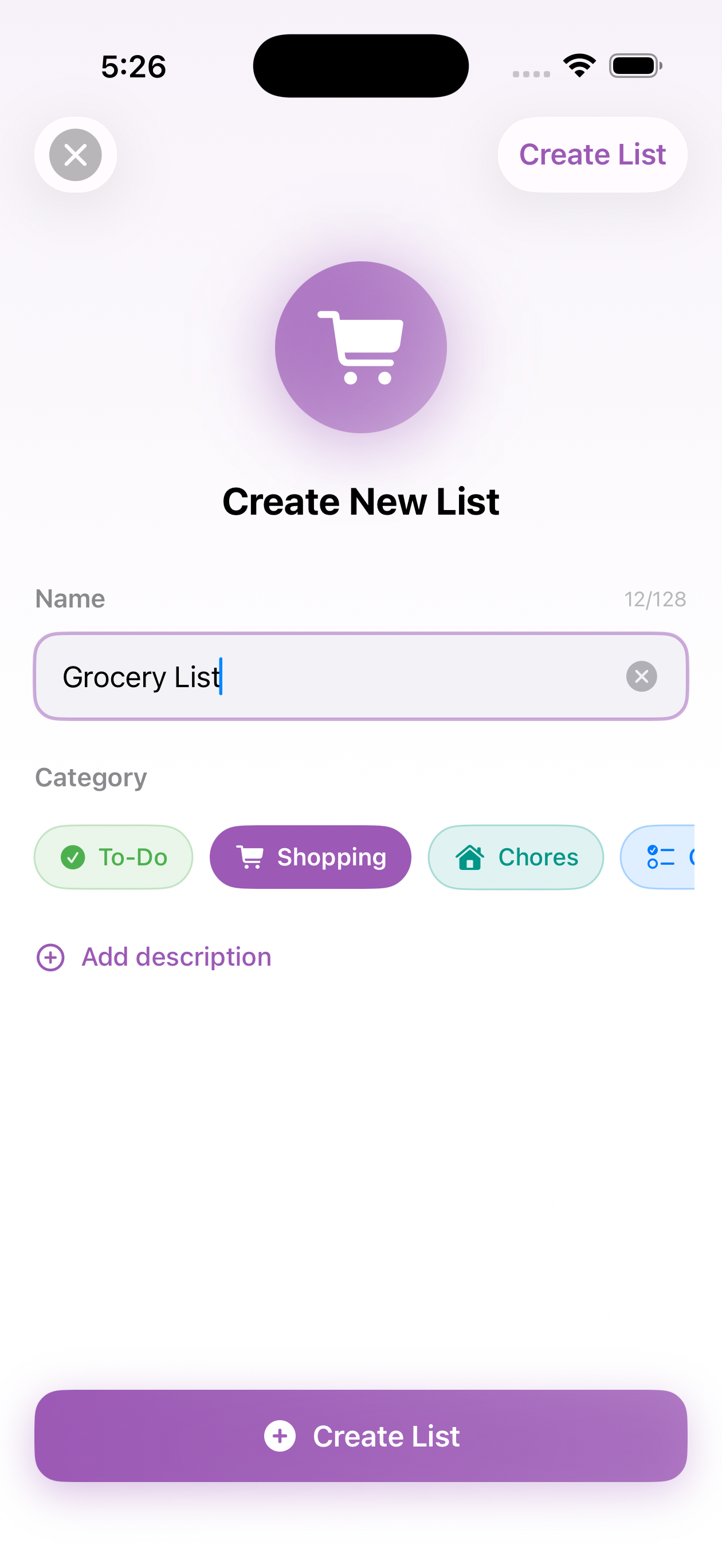 Create new list screen with categories