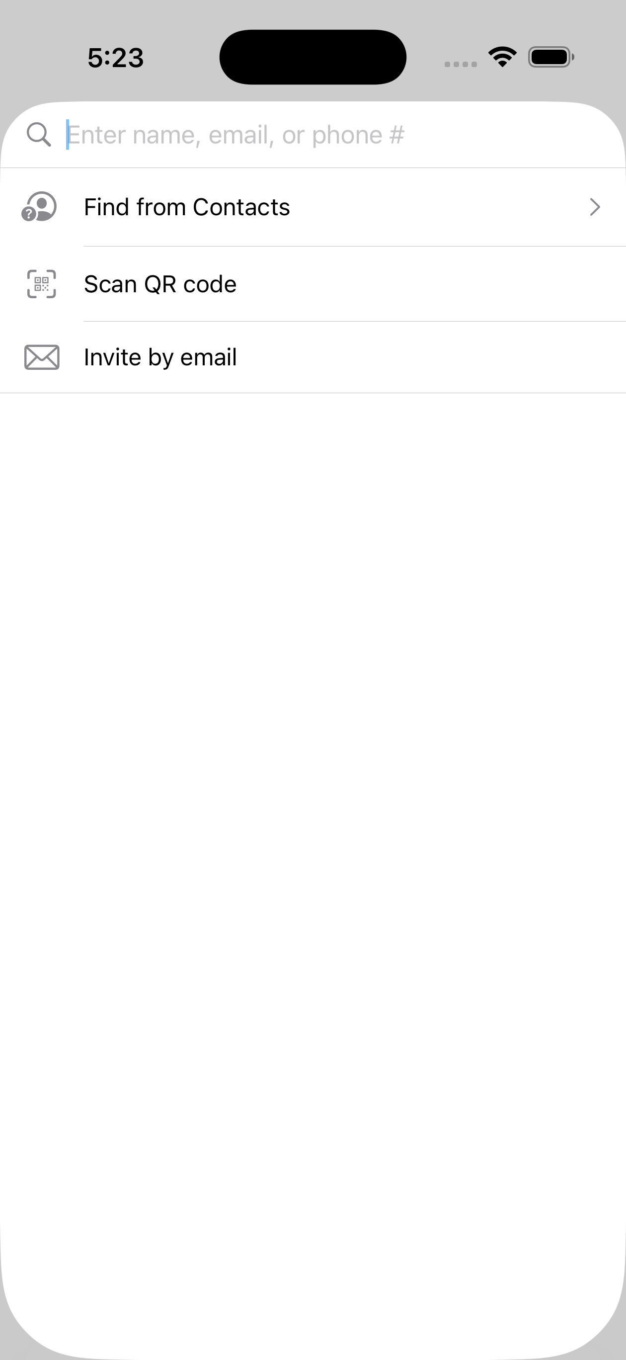 Friend search screen showing search options