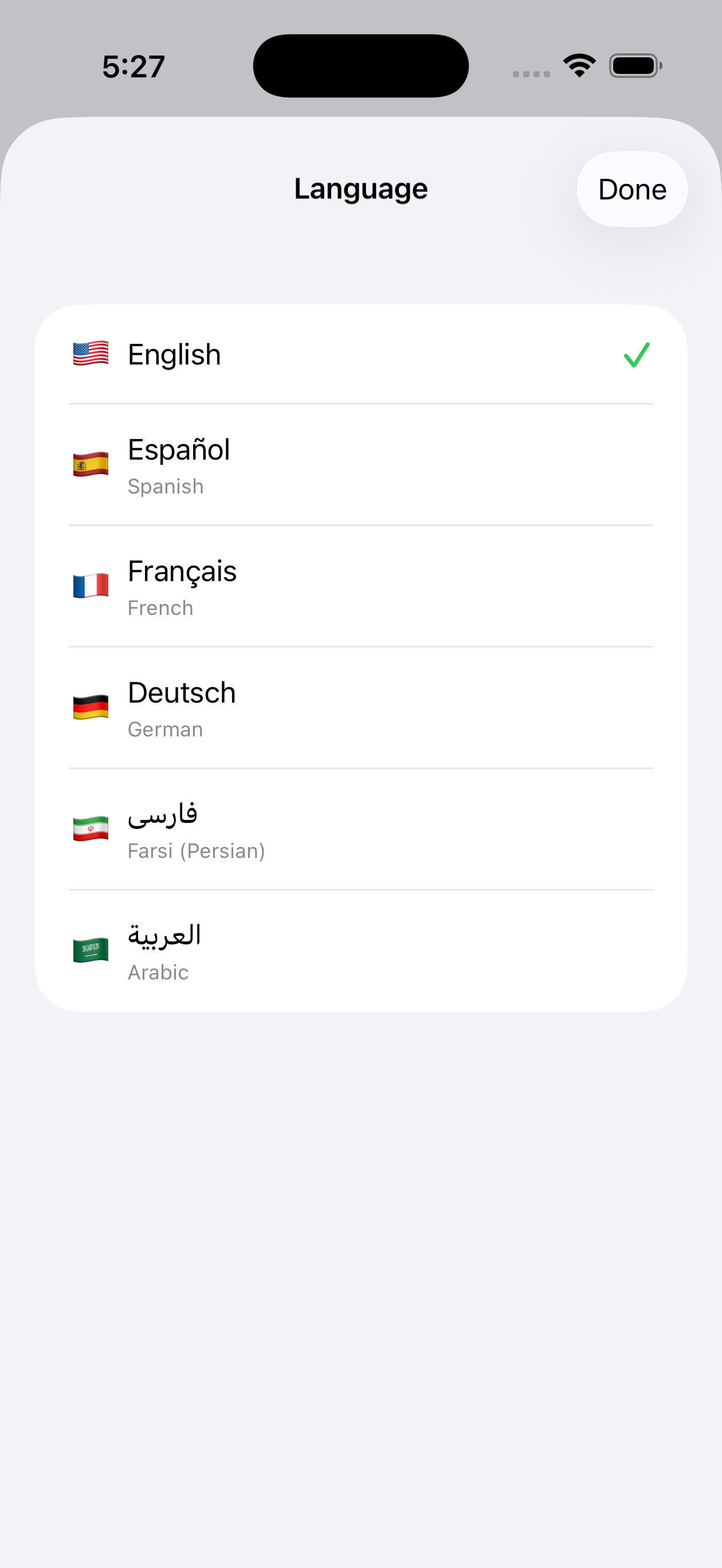 Language selection screen showing 6 supported languages