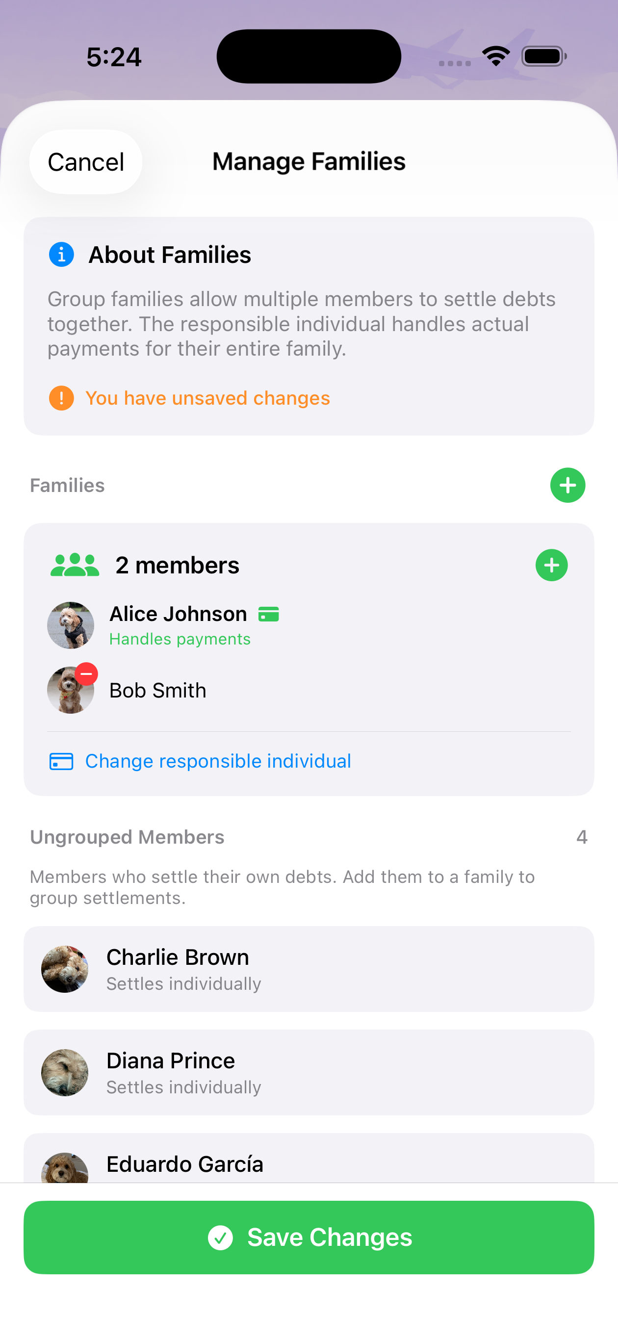 Family management screen showing responsible party and members