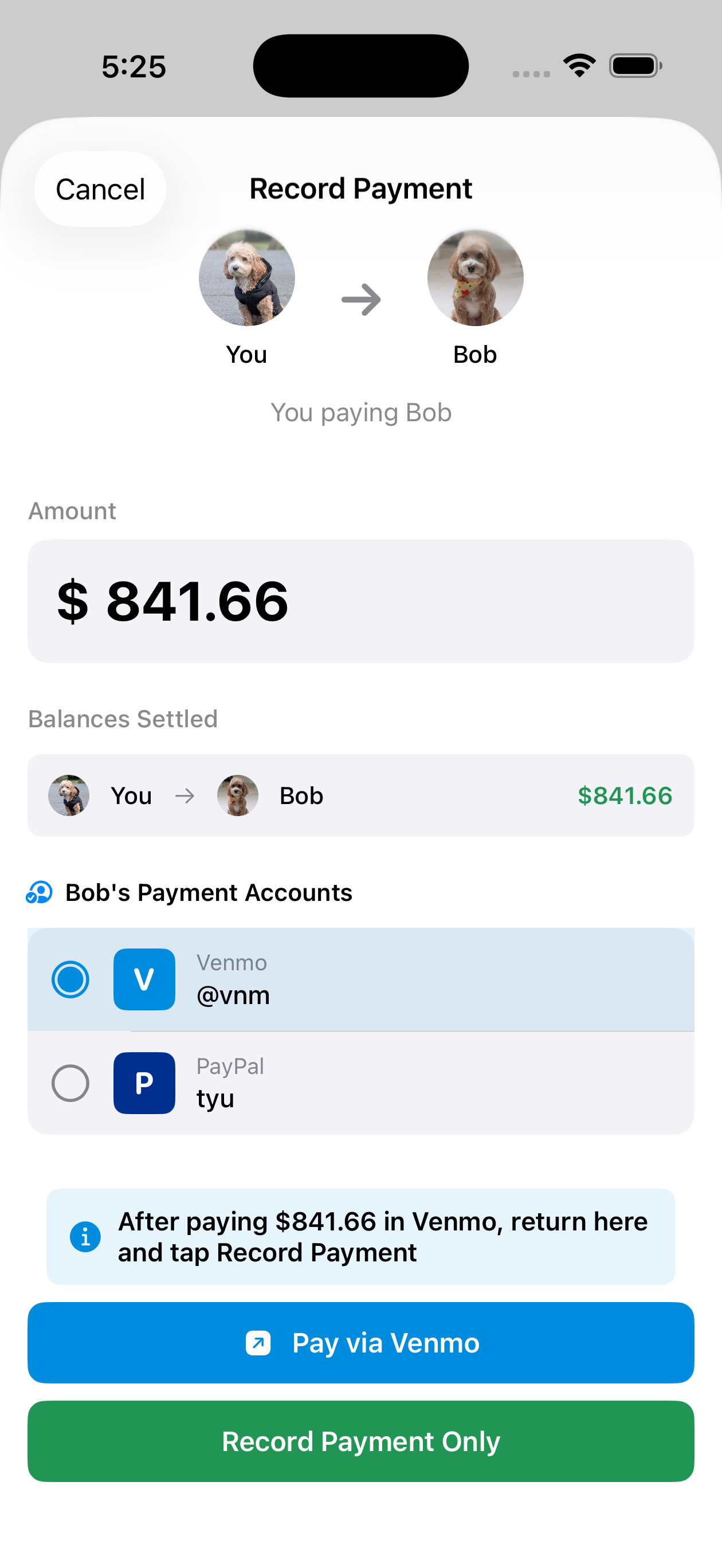 Record payment screen with Venmo and PayPal options