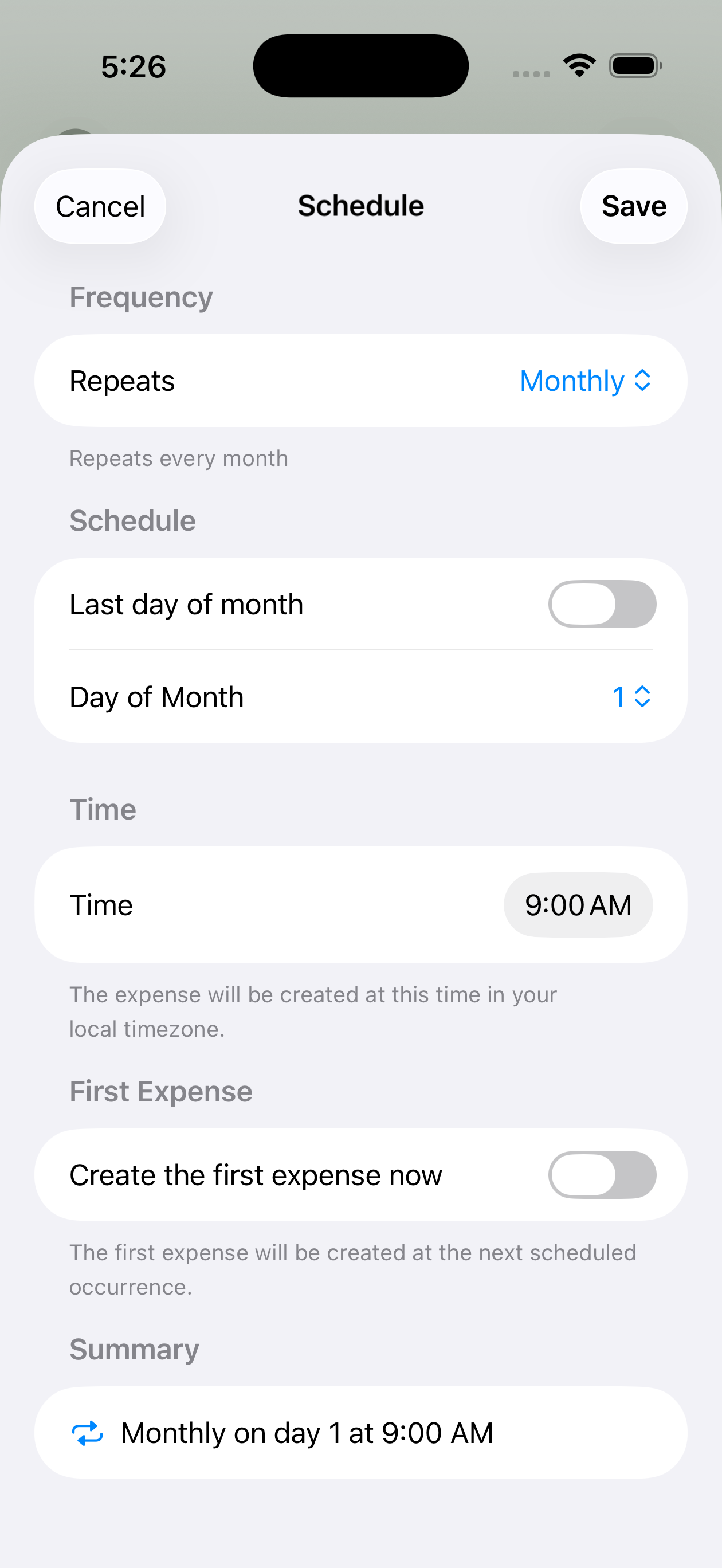 Recurring expense schedule with frequency and time options
