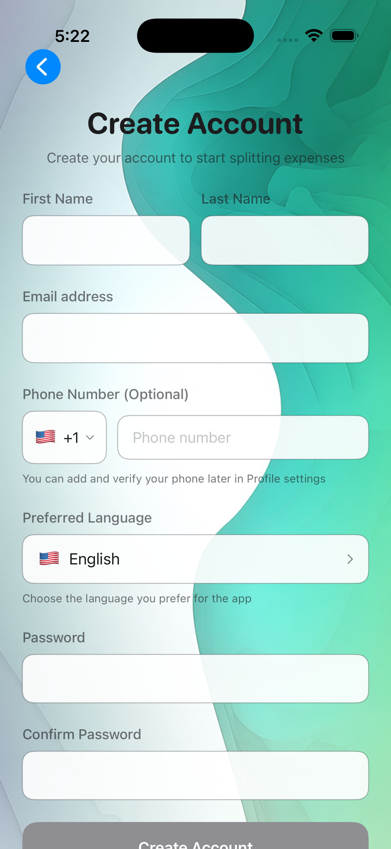Sign-up screen with email and name fields