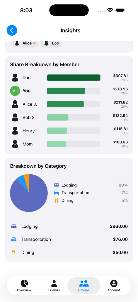 Trip cost insights — share breakdown by member and category